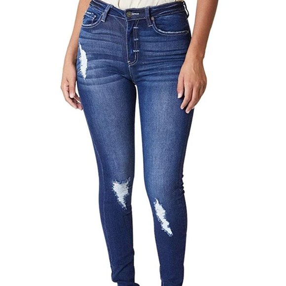 KanCan Denim - KanCan Womens Super High Rise Distressed Curvy Fit Jeans Blue Denim size 28